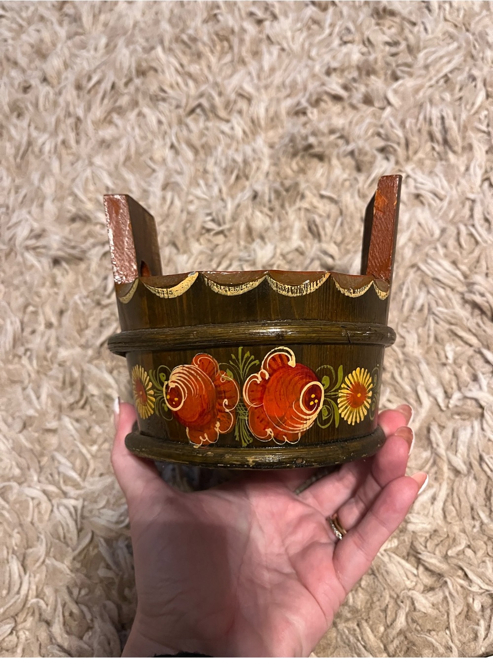 Vintage Austrian Folk Art Wooden Bucket Kärntner Heimatwerk Hand Painted Planter - Picture 7 of 9